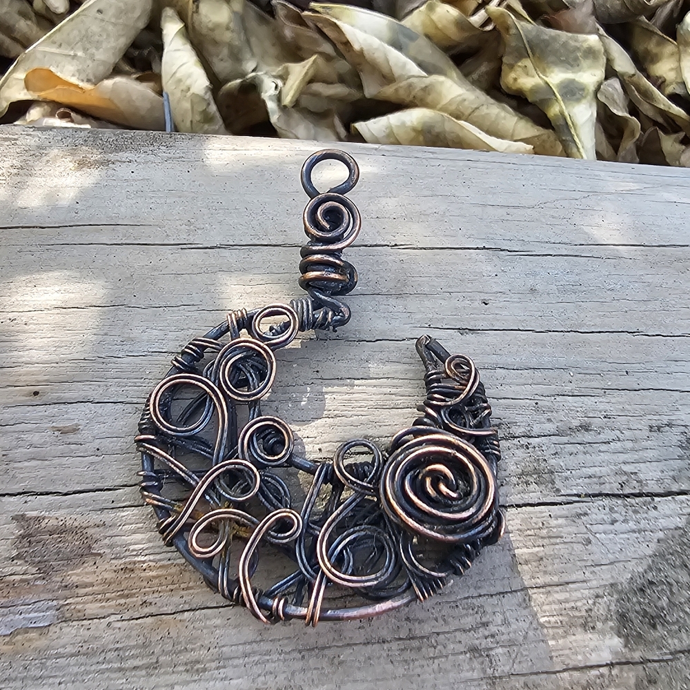 Chaos Copper Wire Wrapped Crescent Moon Rose Swirl Pendant